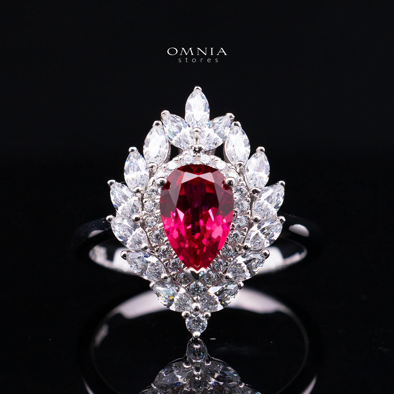 Rosalie Lab-Grown Red Ruby Pear-Cut Ring (6x9mm) with GRC Certificate in 925 Sterling Silver