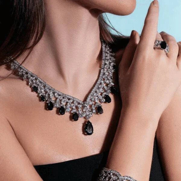 Omnia Princess Dark Blue Bridal Full Set in High Quality Simulated Diamonds - OMNIASTORES UAE