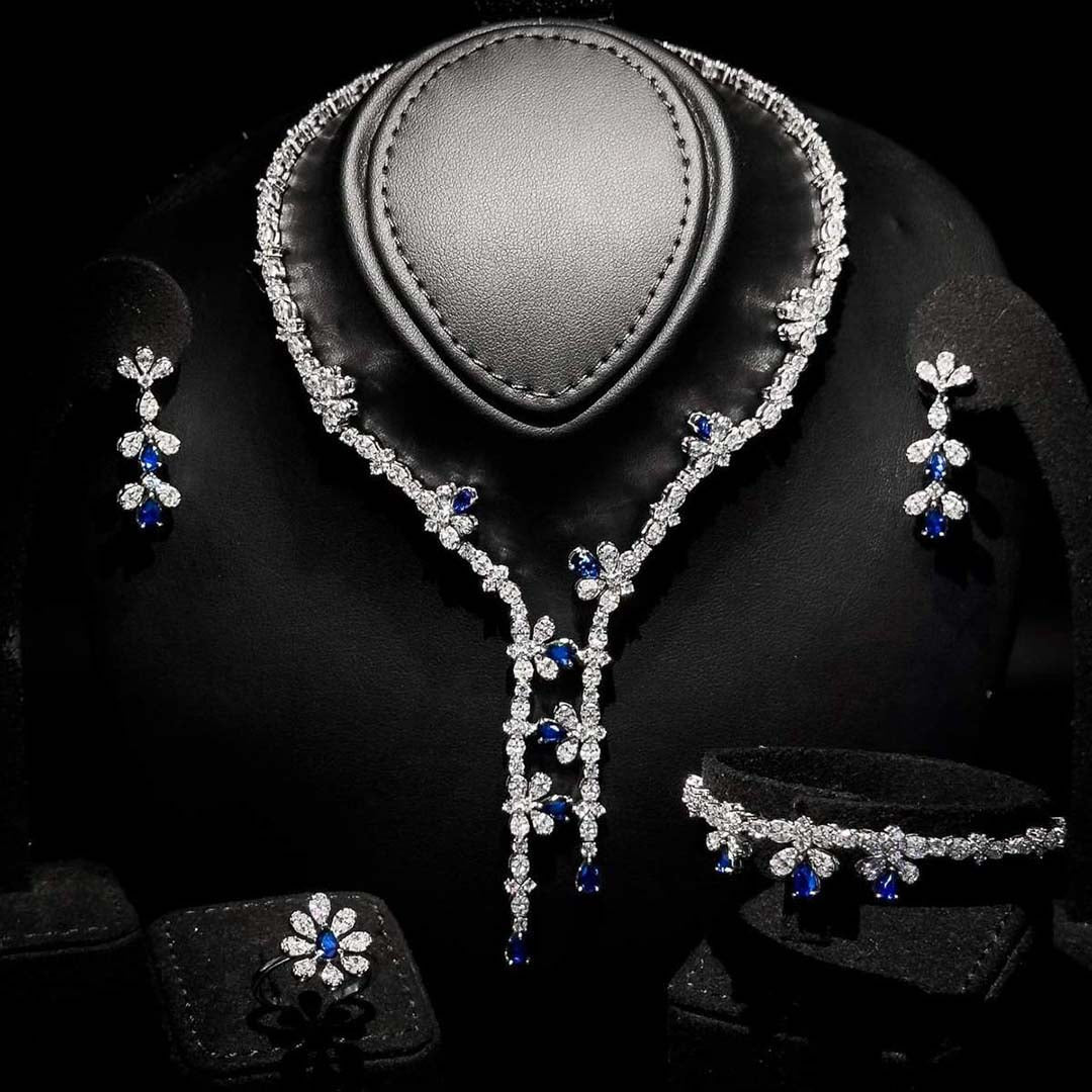 Omnia Lubna Blue Bridal Full Set in 925 Silver with High-Quality Simulated Diamonds and Teardrop Design