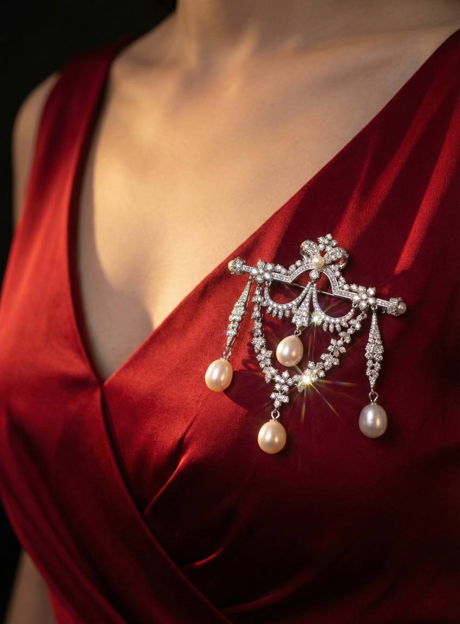 Omnia Haadiyah Fresh Real Water Pearl brooch in 92.5 Silver High Quality Simulated diamonds