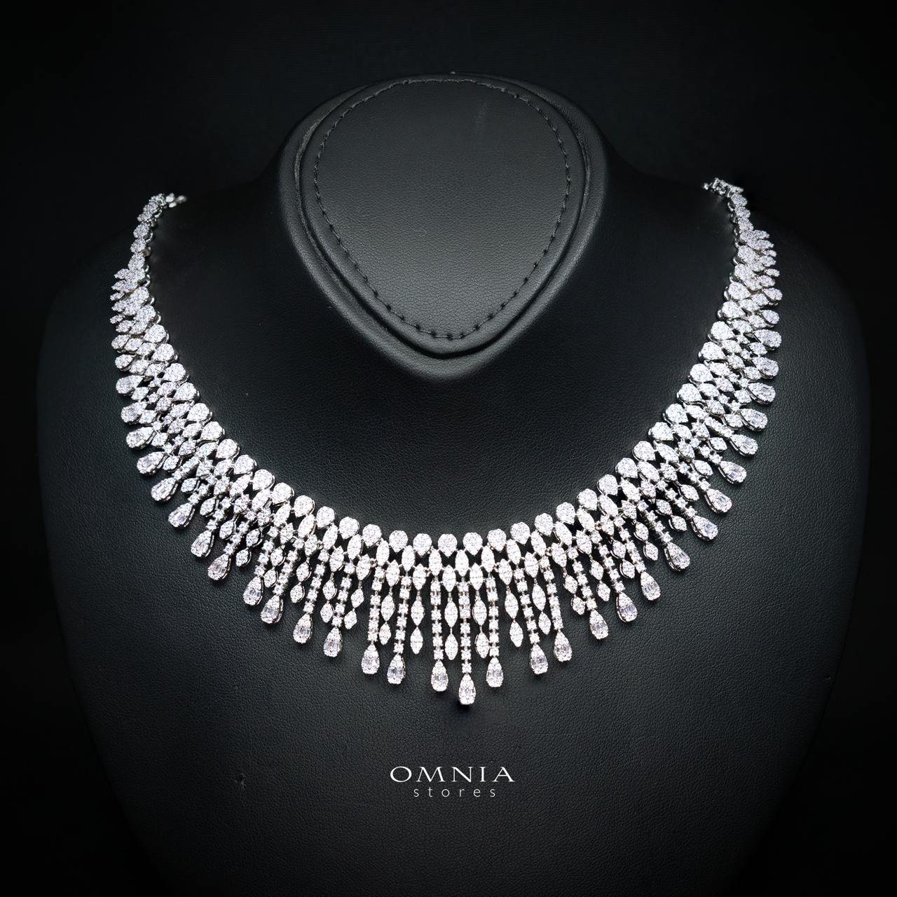 Sabriyya Royal White Fringe Drop Bridal Full Set with Premium Zircon Stones, Rhodium-Plated Finish