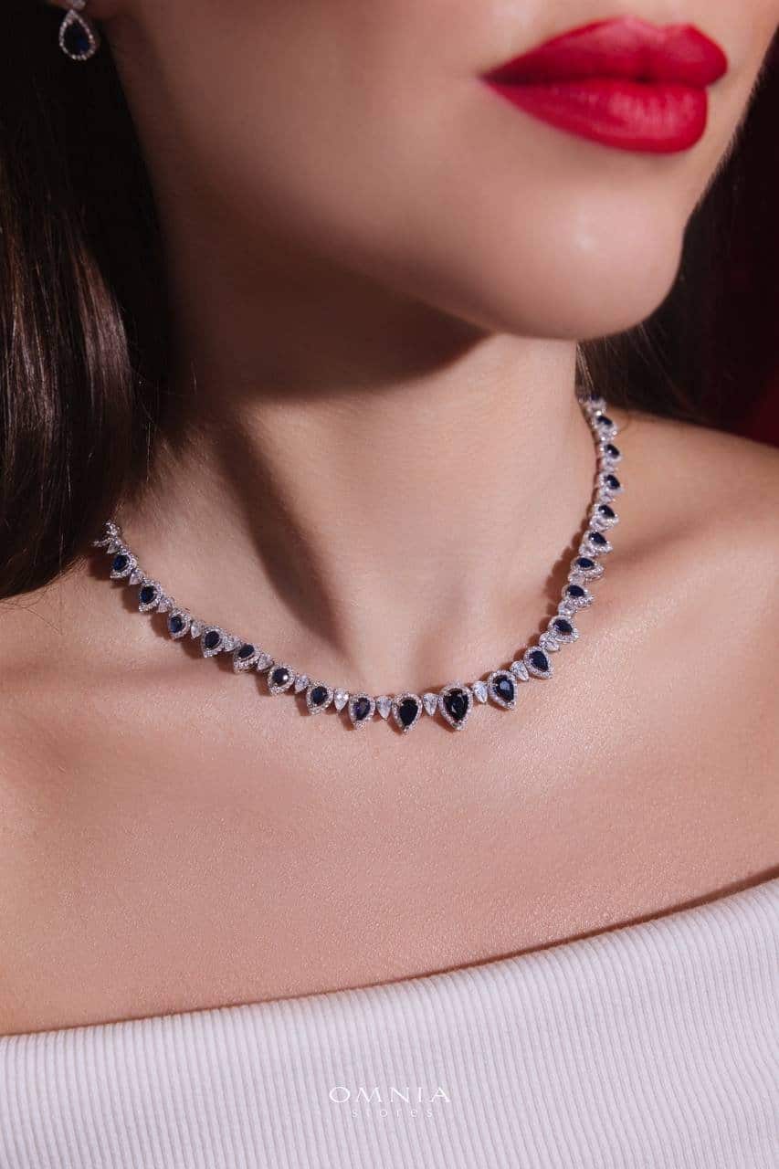 Omnia Sapphire Elegance Bridal Set in 925 Silver, Rhodium-Plated, with Pear-Cut Simulated Sapphires & Halo Accents - OMNIASTORES UAE