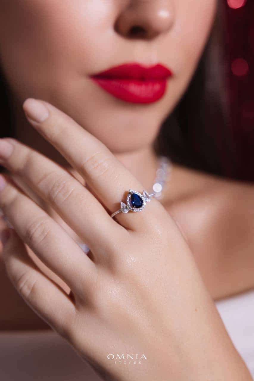 Omnia Sapphire Elegance Bridal Set in 925 Silver, Rhodium-Plated, with Pear-Cut Simulated Sapphires & Halo Accents - OMNIASTORES UAE