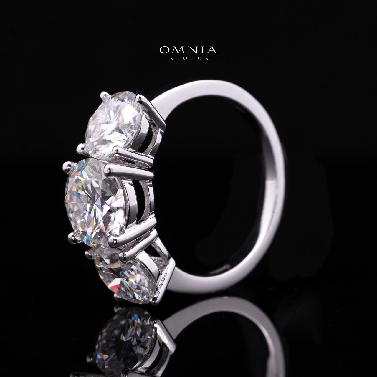 Savannah White Moissanite Three-Stone Ring – RD 8mm (2ct) Center with RD 6.5mm (1ct) Side Stones, Rhodium-Plated 925 Sterling Silver
