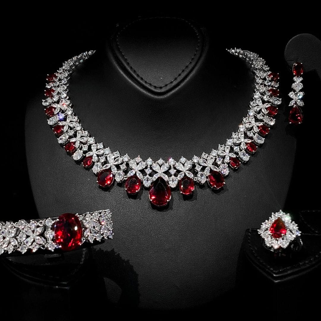 Omnia Suhana Red Bridal Full Set in High Quality Simulated Diamonds - OMNIASTORES UAE