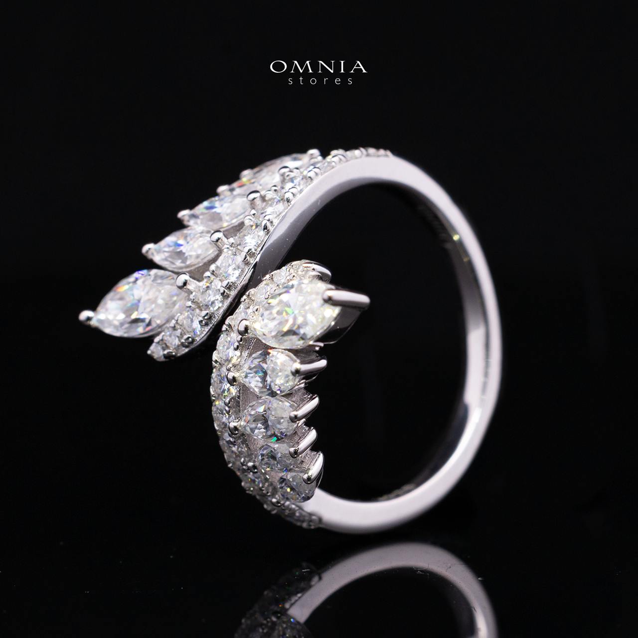 Josephine White Moissanite Marquise Leaf Cluster Double Curve Open Ring – Rhodium-Plated 925 Sterling Silver