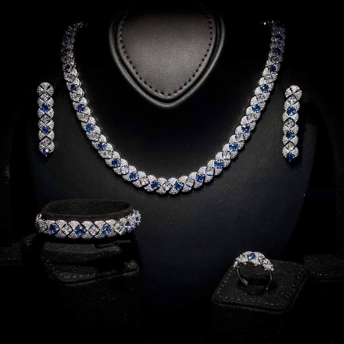Omnia Layan Blue Bridal Full Set in High-Quality Zircon Stone Rhodium Plated - OMNIASTORES UAE