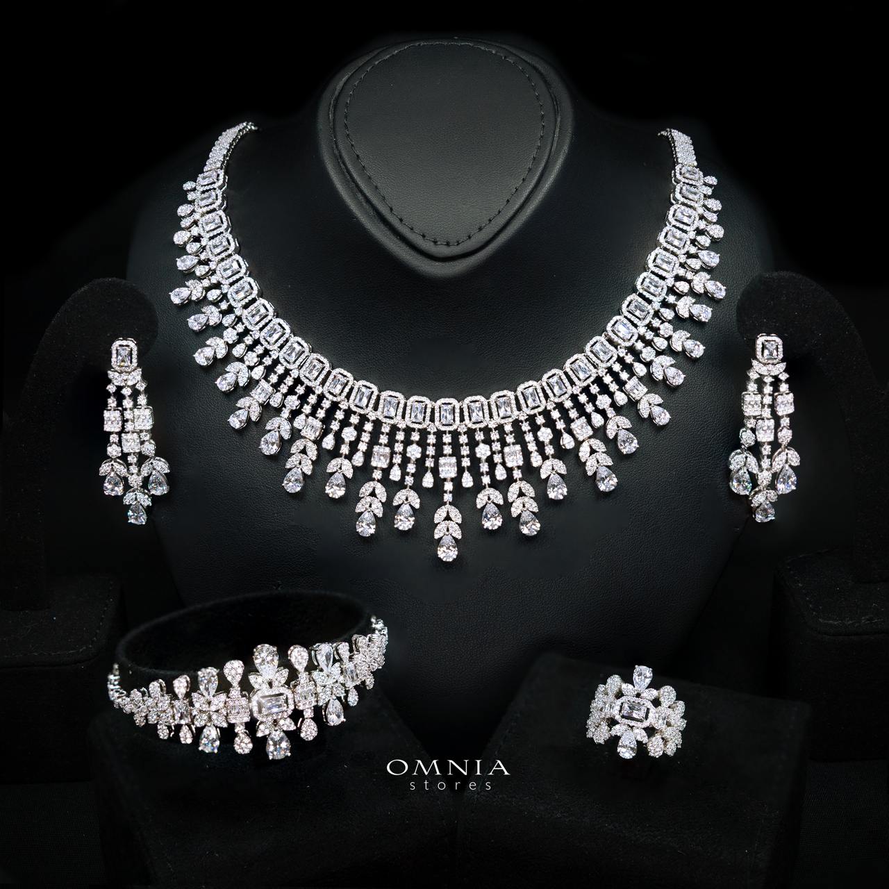 Arabella White Bridal Full Set Accessories in High Quality Premium Zircon Stone in Rhodium Plated - OMNIASTORES KSA