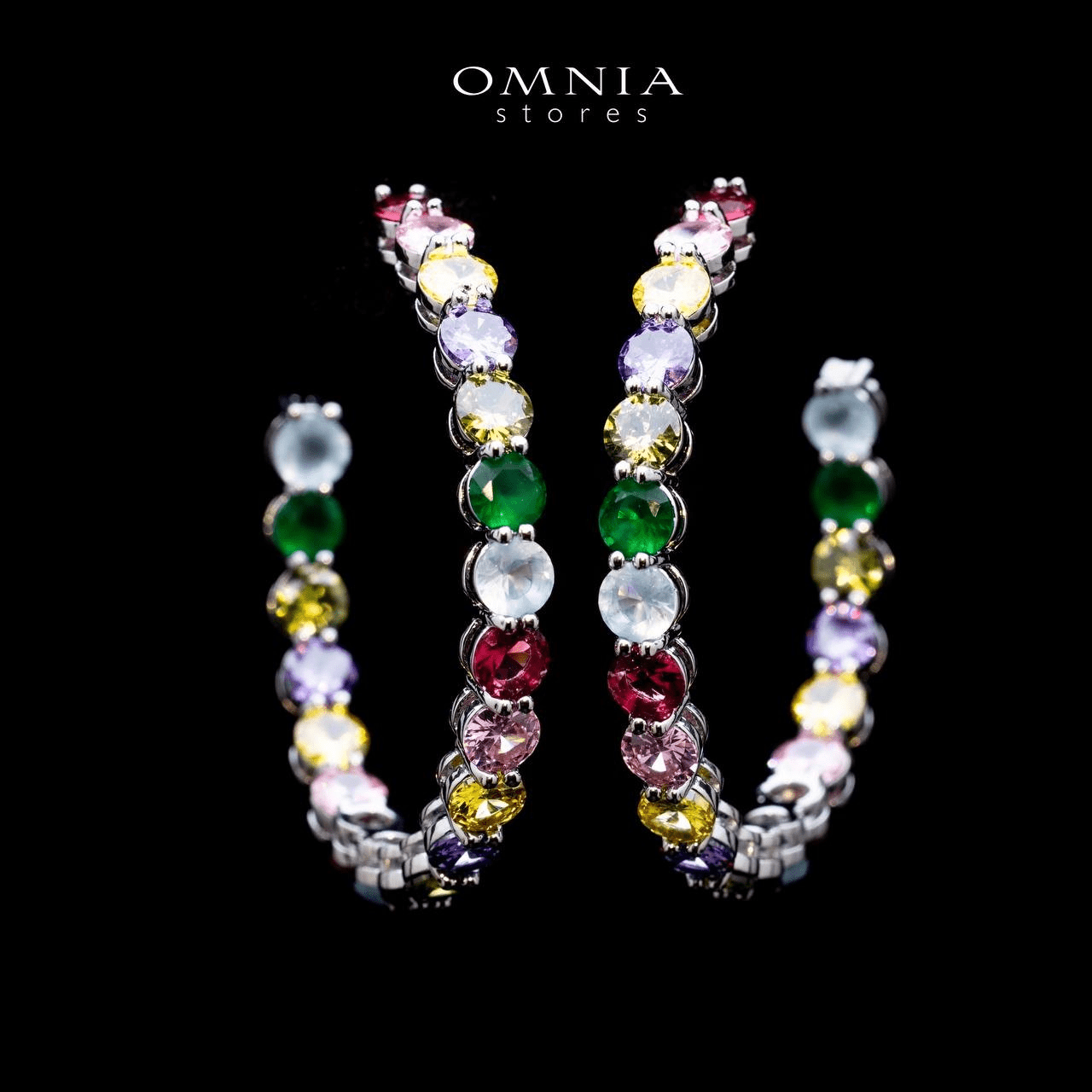 Omnia Rina Multi Color Radiant Crystal Hoop Earrings in High Quality Zircon Stone Rhodium Plated - OMNIASTORES UAE