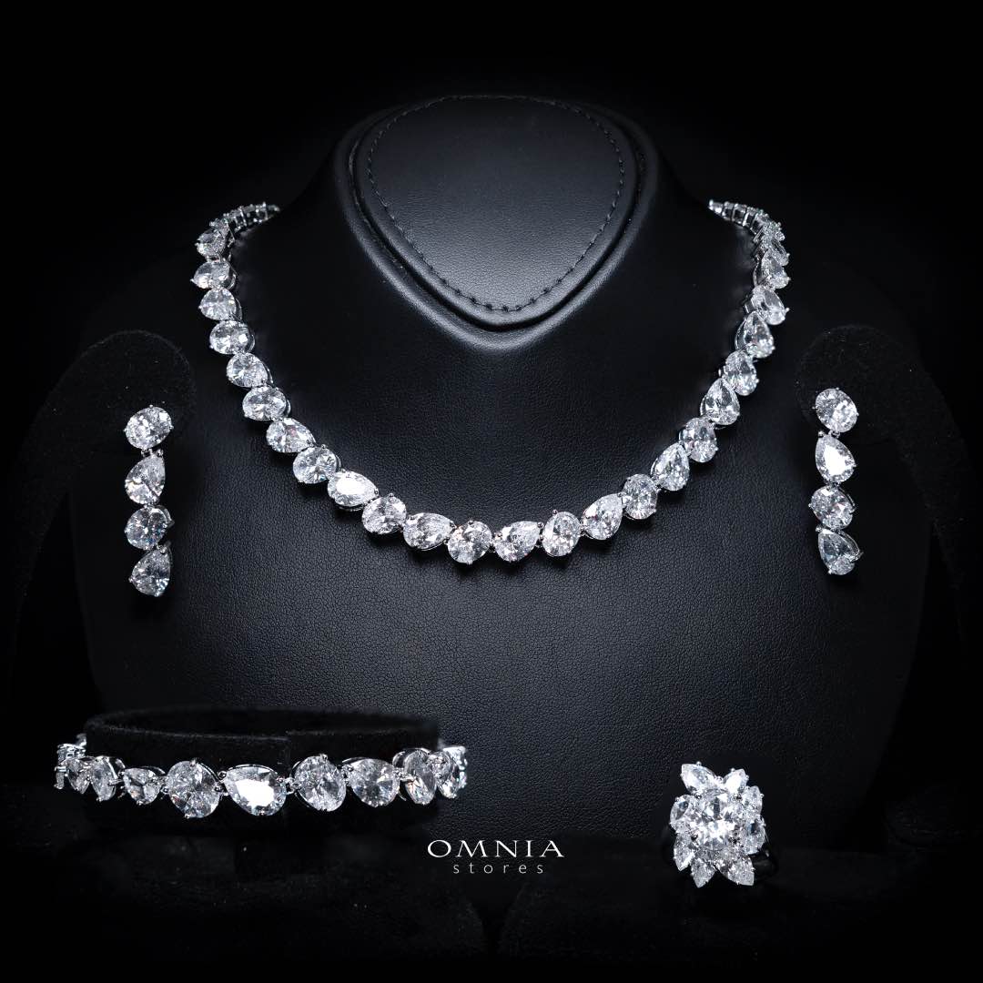 Omnia Lamia White Bridal Full Set with High-Quality Simulated Diamonds Rhodium Plated - OMNIASTORES KSA