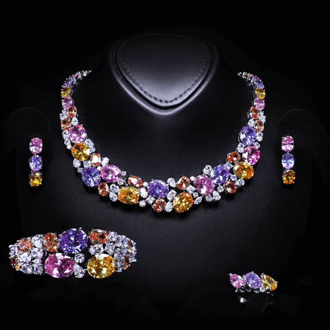 Omnia Artemis Baby Pink Multi-Colored Bridal Set with Round and Oval Cut High Quality Simulated Diamonds Premium Rhodium Plated - OMNIASTORES KSA