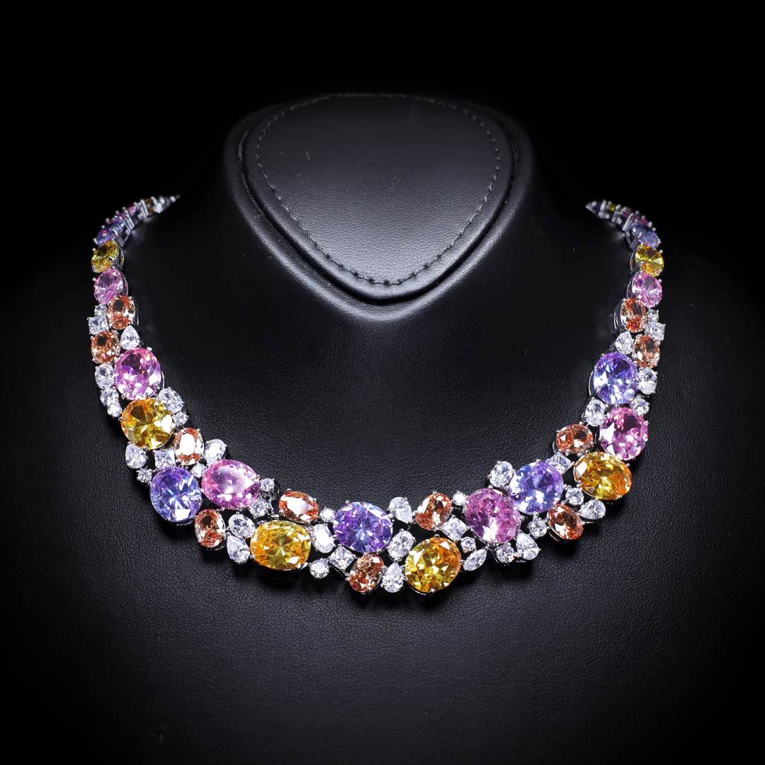 Omnia Artemis Baby Pink Multi-Colored Bridal Set with Round and Oval Cut High Quality Simulated Diamonds Premium Rhodium Plated - OMNIASTORES KSA