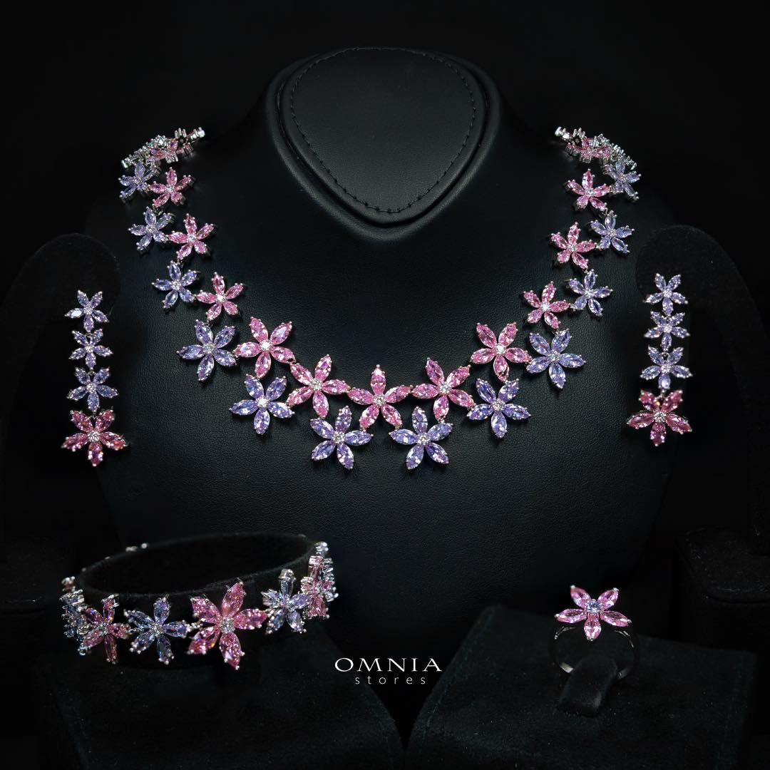 Omnia Yusra Pink and Purple Bridal Full Set in High Quality Simulated Diamonds - OMNIASTORES KSA