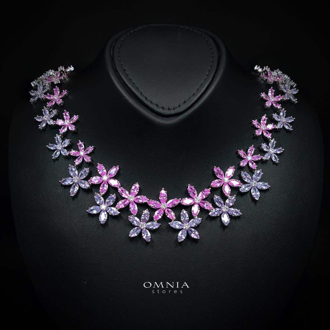Omnia Yusra Pink and Purple Bridal Full Set in High Quality Simulated Diamonds - OMNIASTORES KSA