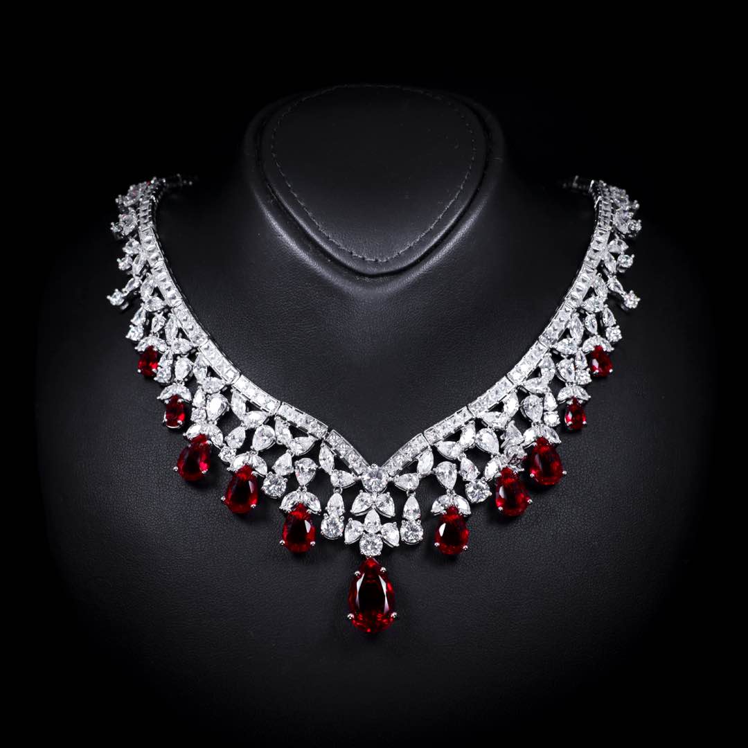Omnia Princess Bridal Full Set with Pear-Cut White and Red High Quality Simulated Diamonds Premium Rhodium Plated - OMNIASTORES KSA