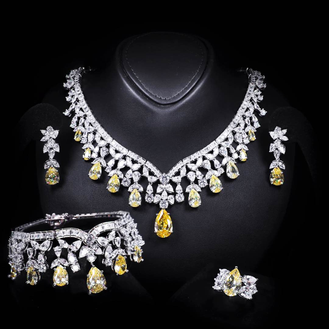 Omnia Princess Bridal Full Set with Pear-Cut White and Yellow High Quality Simulated Diamonds Premium Rhodium Plated