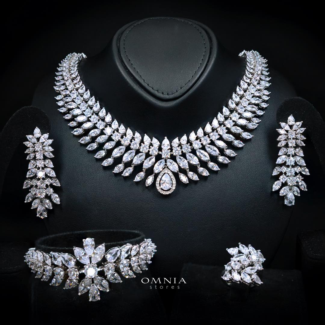 Omnia Zakiyah Luxury Bridal Full Set in High Quality Simulated Diamonds with Pear and Marquise Cut Stones, Rhodium Plated - OMNIASTORES KSA