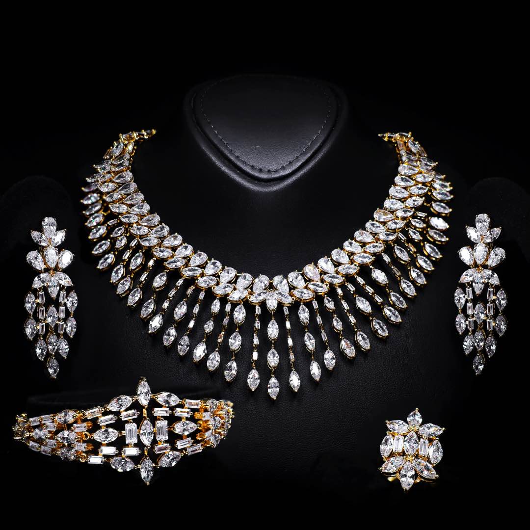 Omnia Soheila Gold Luxury Bridal Full Set with Emerald and Pear-Cut High-Quality Simulated Diamonds Rhodium Plated