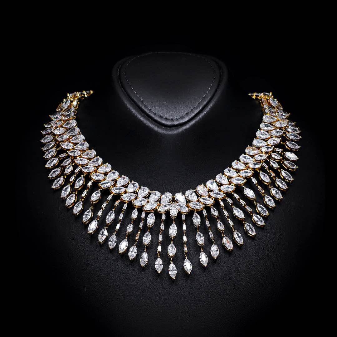 Omnia Soheila Gold Luxury Bridal Full Set with Emerald and Pear-Cut High-Quality Simulated Diamonds Rhodium Plated