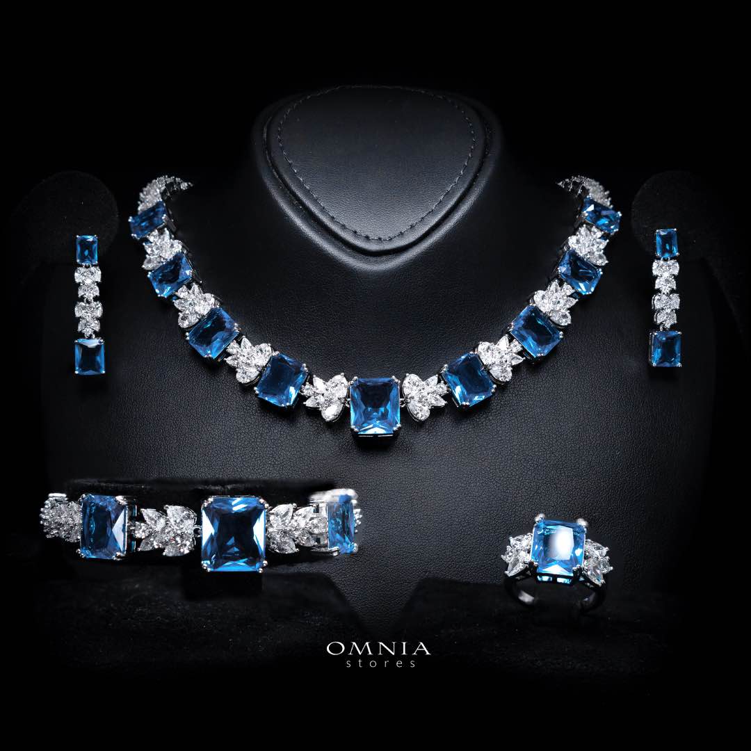 Omnia Amelia Sky Blue Bridal Full Set with Emerald and Pear-Cut High-Quality Simulated Diamonds - OMNIASTORES KSA