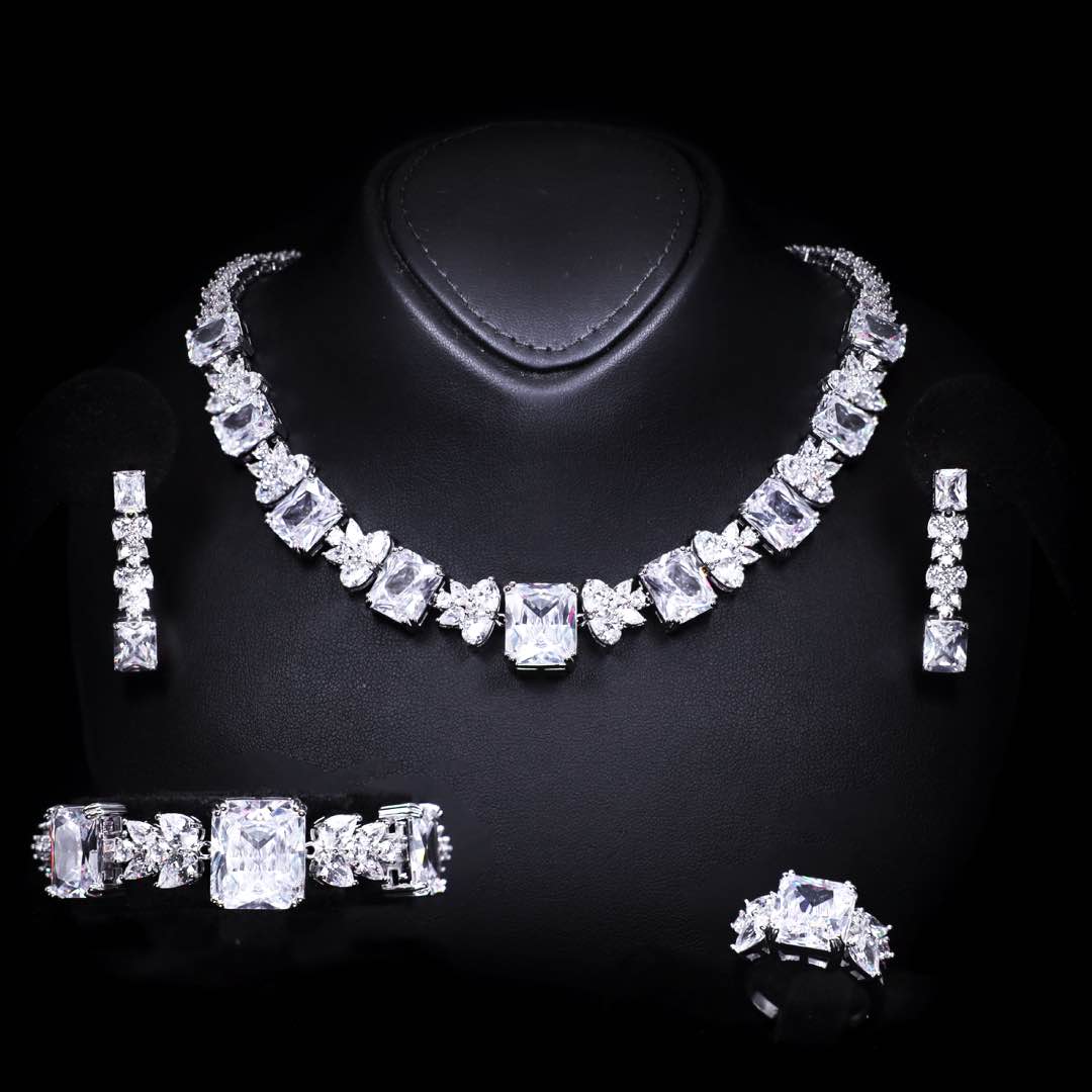 Omnia Amelia White Bridal Full Set in High Quality Simulated Diamonds Premium Rhodium Plated - OMNIASTORES KSA