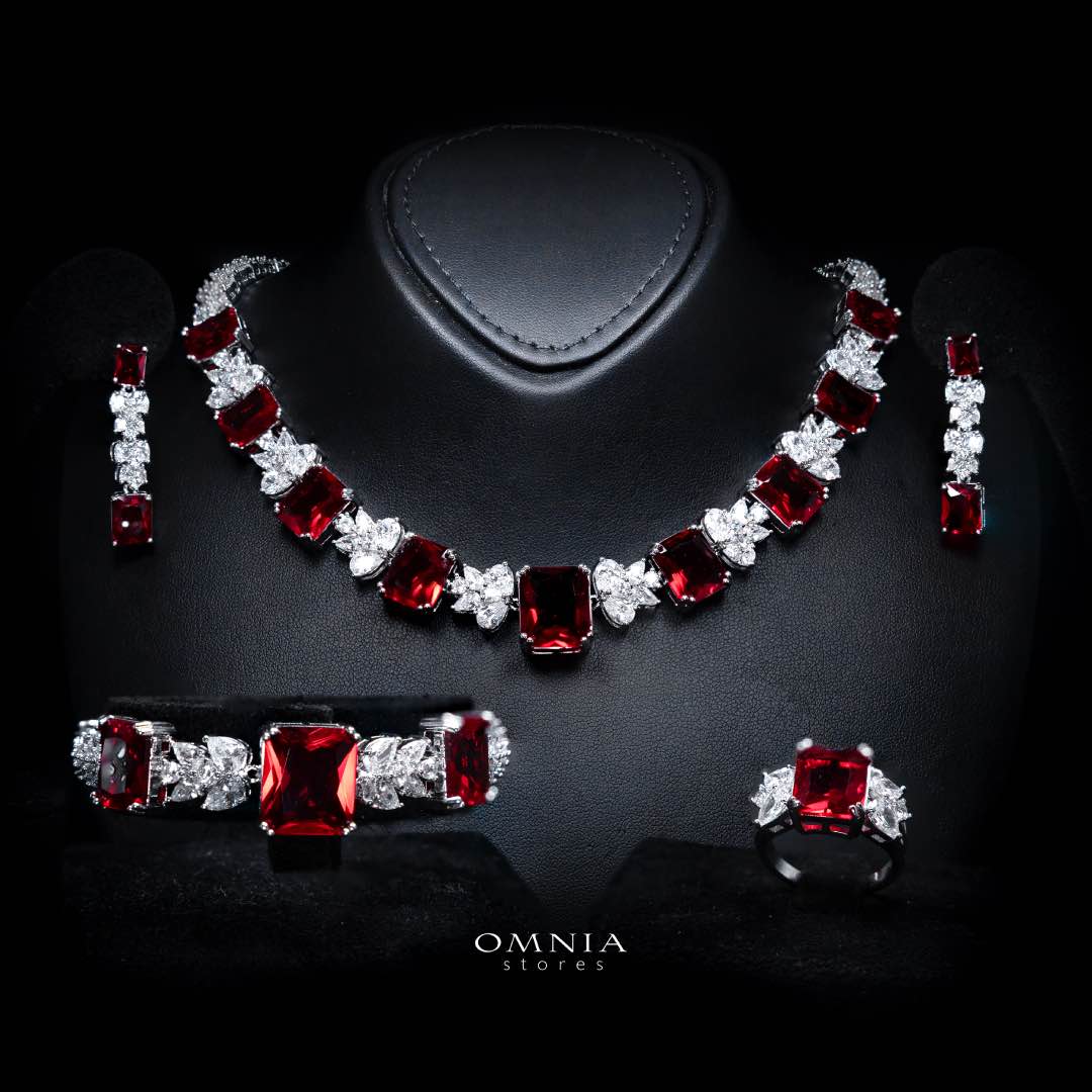 Omnia Amelia Red Bridal Full Set in High Quality Simulated Diamonds - OMNIASTORES KSA