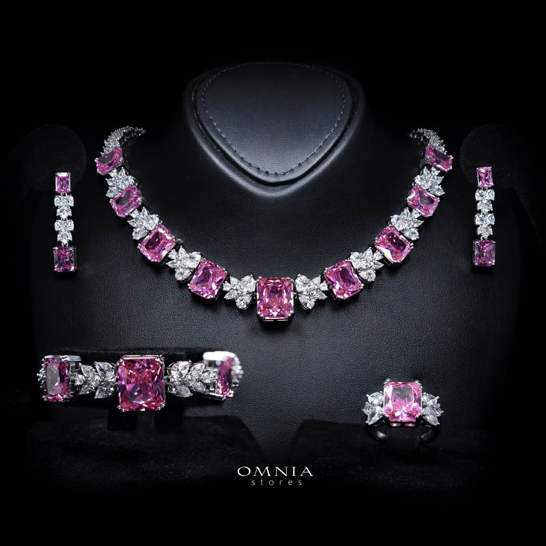 Omnia Amelia Pink Bridal Full Set with High-Quality Simulated Diamonds Rhodium Plated - OMNIASTORES KSA