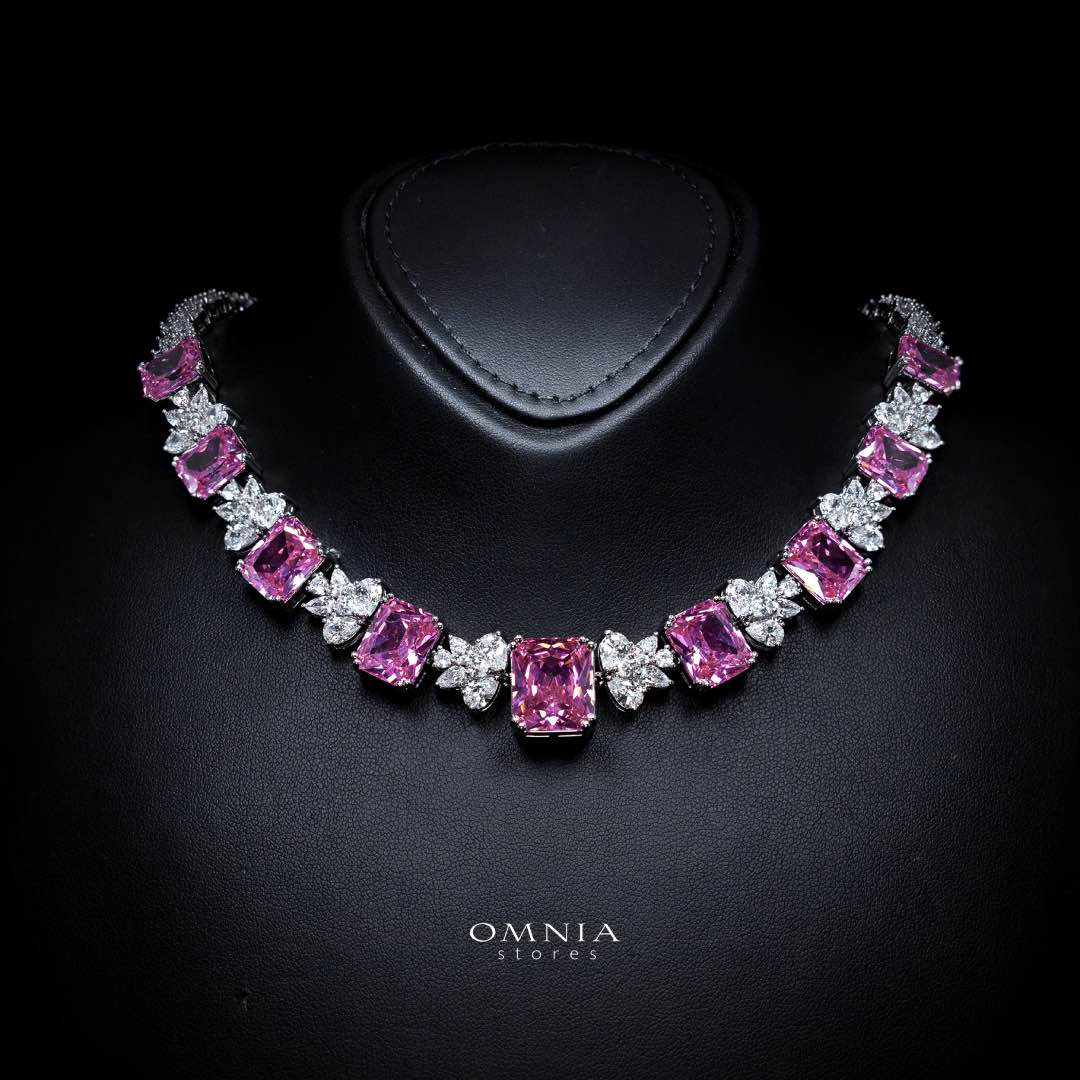 Omnia Amelia Pink Bridal Full Set with High-Quality Simulated Diamonds Rhodium Plated - OMNIASTORES KSA