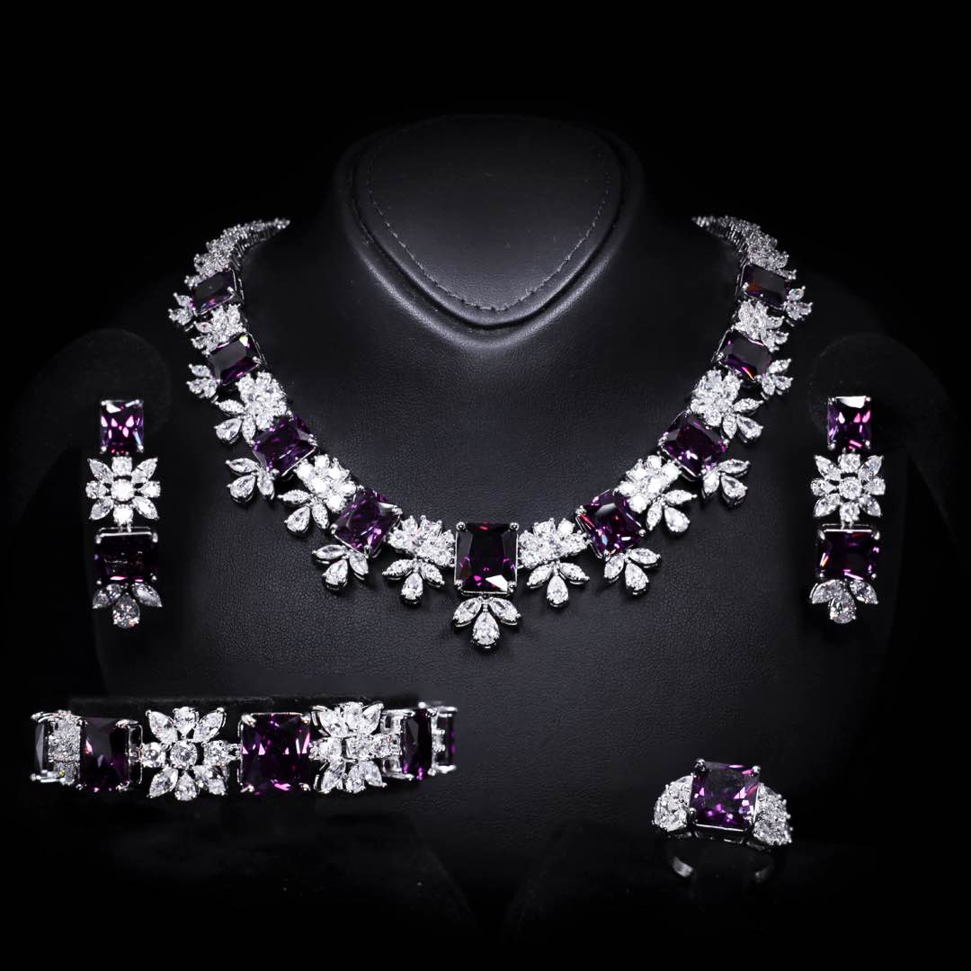 Omnia Charlotte Purple Bridal Full Set with Emerald and Pear-Cut High Quality Simulated Diamonds Premium Rhodium Plated - OMNIASTORES KSA