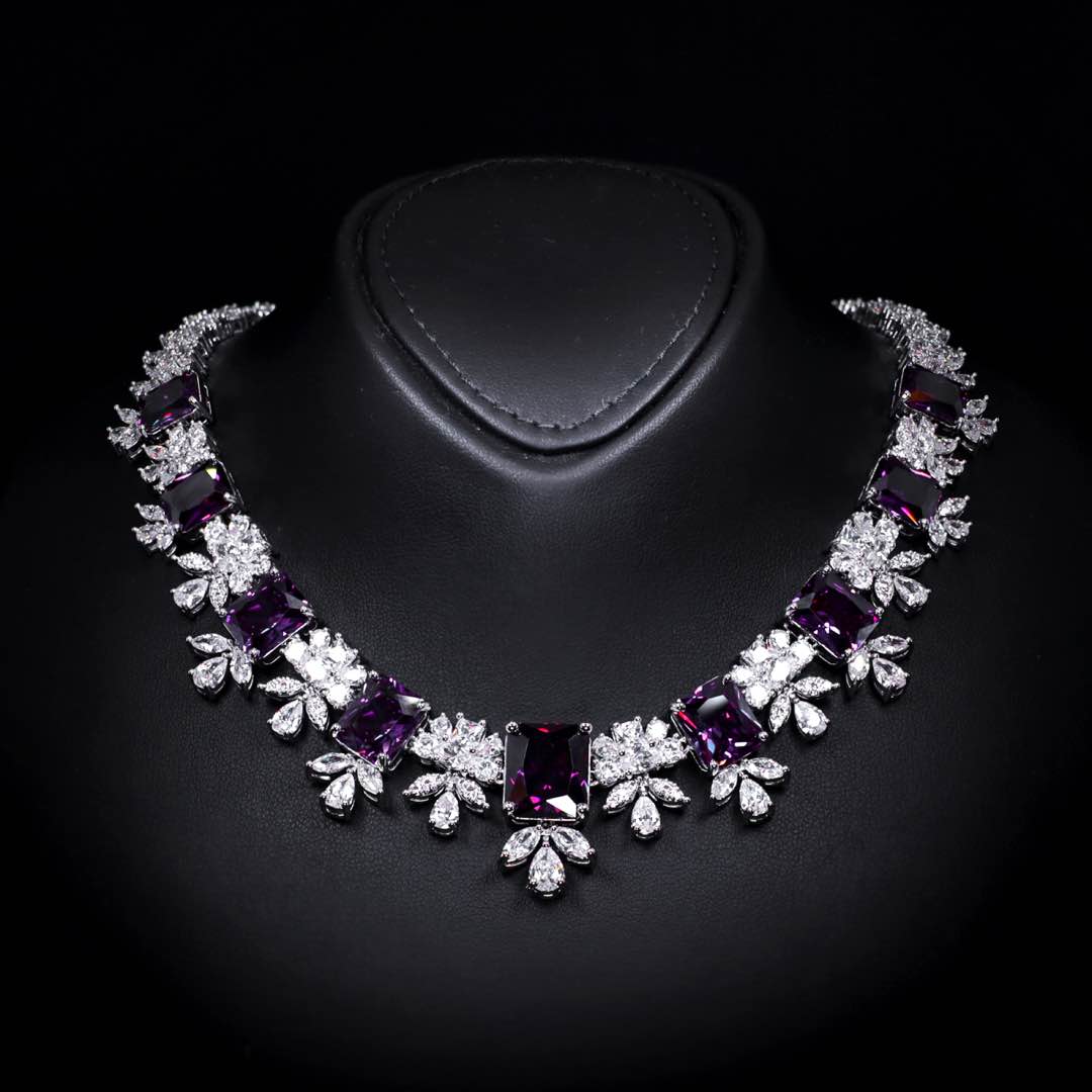 Omnia Charlotte Purple Bridal Full Set with Emerald and Pear-Cut High Quality Simulated Diamonds Premium Rhodium Plated - OMNIASTORES KSA