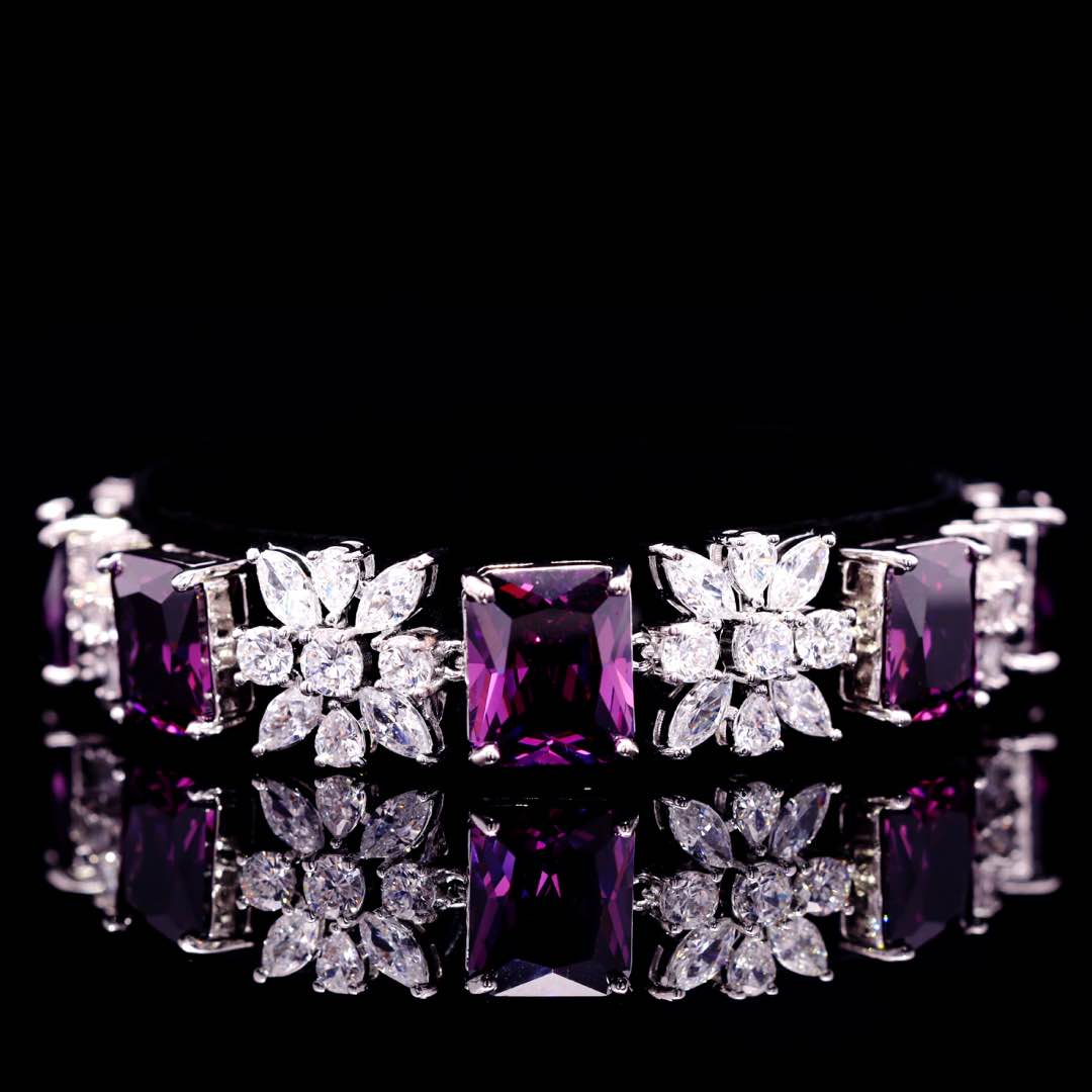 Omnia Charlotte Purple Bridal Full Set with Emerald and Pear-Cut High Quality Simulated Diamonds Premium Rhodium Plated - OMNIASTORES KSA