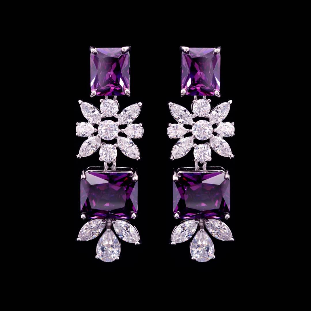 Omnia Charlotte Purple Bridal Full Set with Emerald and Pear-Cut High Quality Simulated Diamonds Premium Rhodium Plated - OMNIASTORES KSA