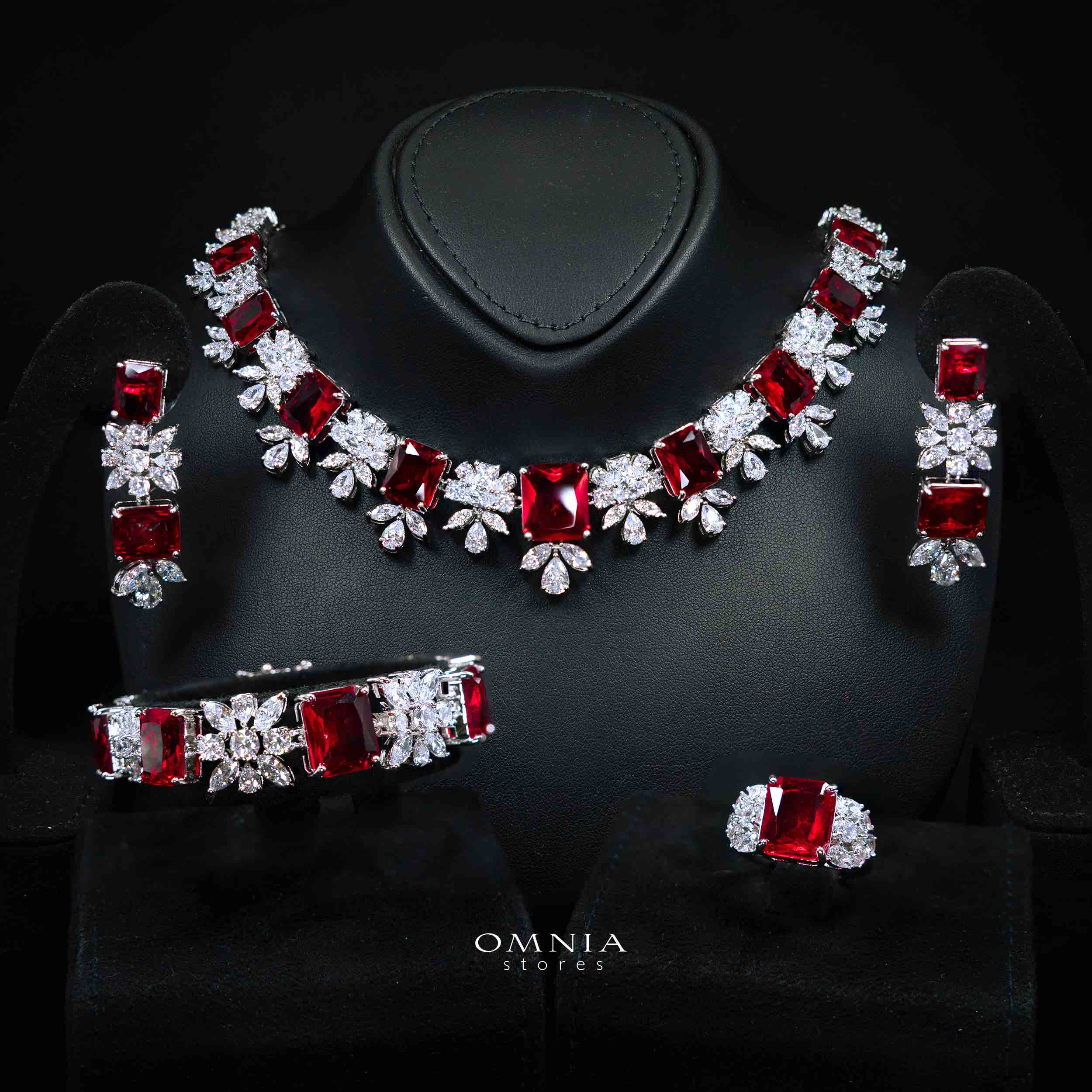 Omnia Charlotte Red Luxry Bridal Full Set with Emerald and Pear-Cut High-Quality Simulated Diamonds Rhodium Plated - OMNIASTORES KSA