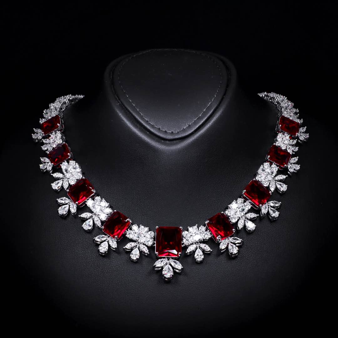 Omnia Charlotte Red Luxry Bridal Full Set with Emerald and Pear-Cut High Quality Simulated Diamonds Premium Rhodium Plated