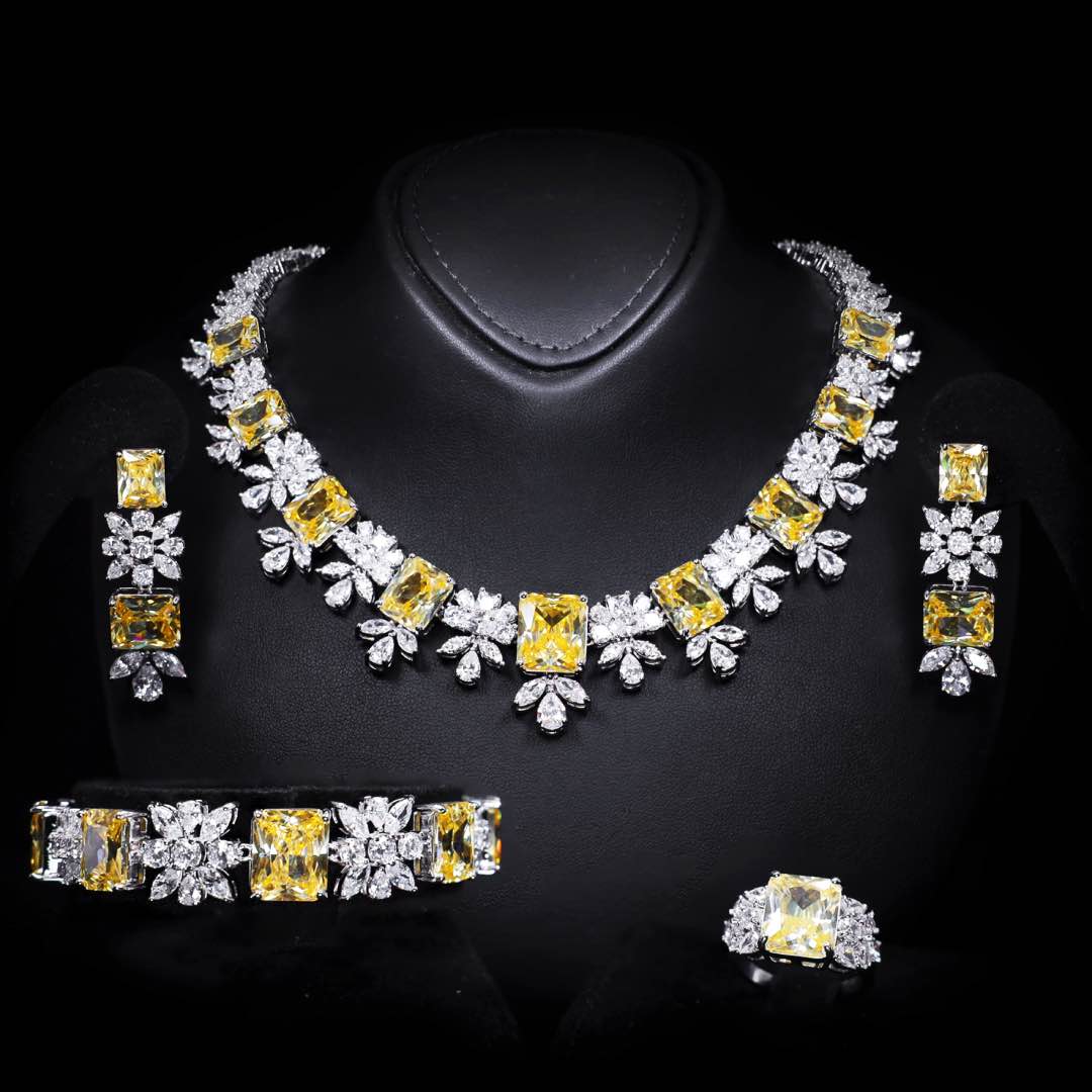 Omnia Charlotte Yellow Luxry Bridal Full Set with Emerald and Pear-Cut High Quality Simulated Diamonds Premium Rhodium Plated - OMNIASTORES KSA