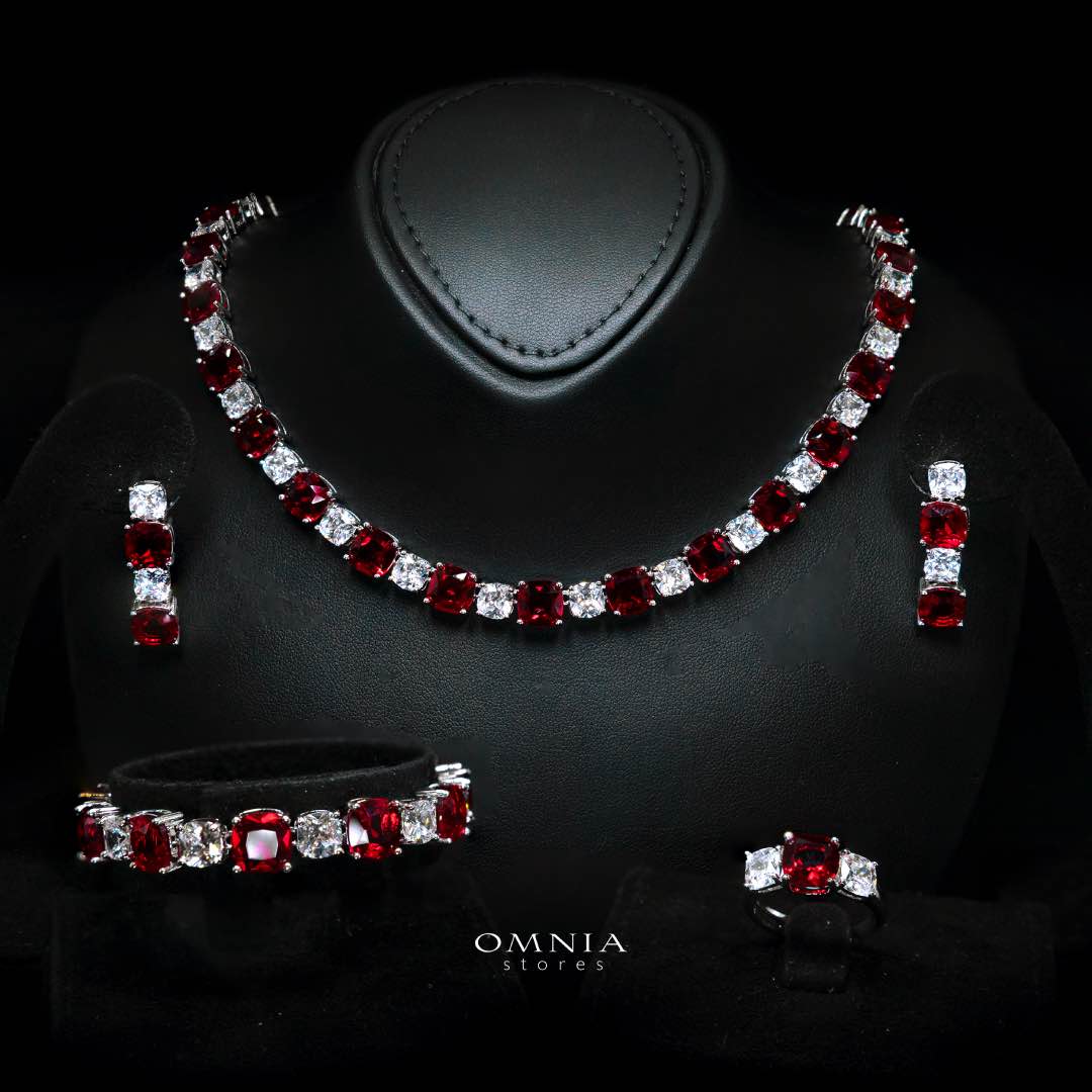 Omnia Alya Red and White Bridal Full Set in High Quality Simulated Diamonds Rhodium Plated