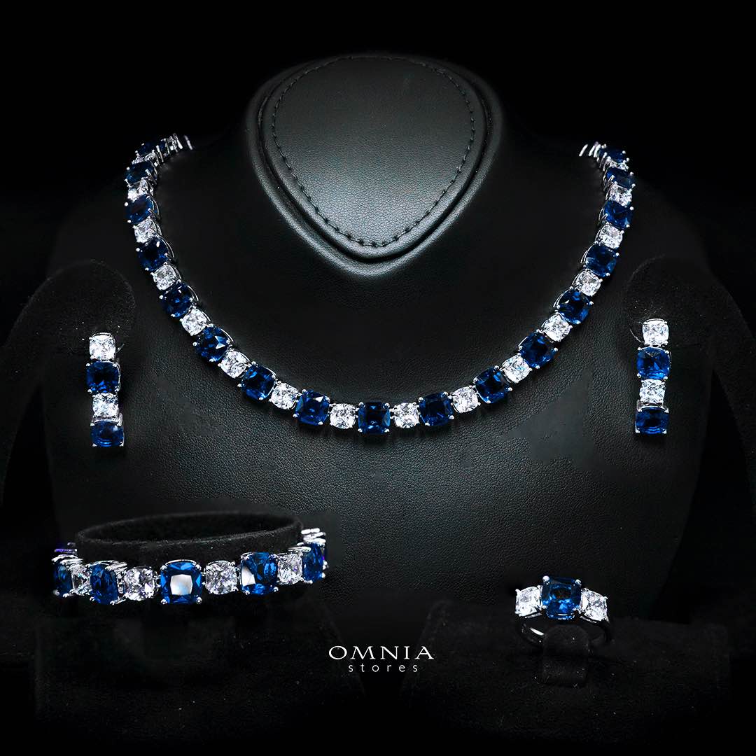 Omnia Alya Dark Blue Bridal Full Set with High Quality Simulated Diamonds Premium Rhodium Plated - OMNIASTORES KSA