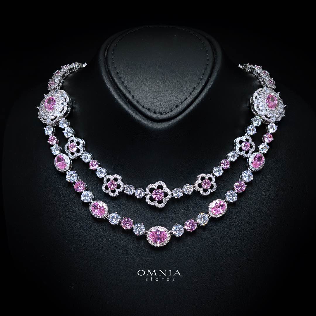Omnia Esra Pink Luxury Bridal Full Set in High Quality Simulated Diamond Rhodium Plated - OMNIASTORES KSA