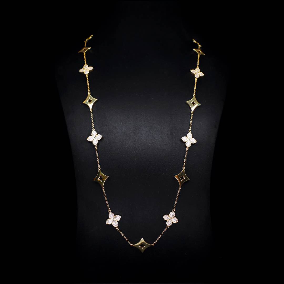 Omnia Golden Clove Long Chain in 100cm with High-Quality Simulated Diamonds Gold Plated - OMNIASTORES KSA