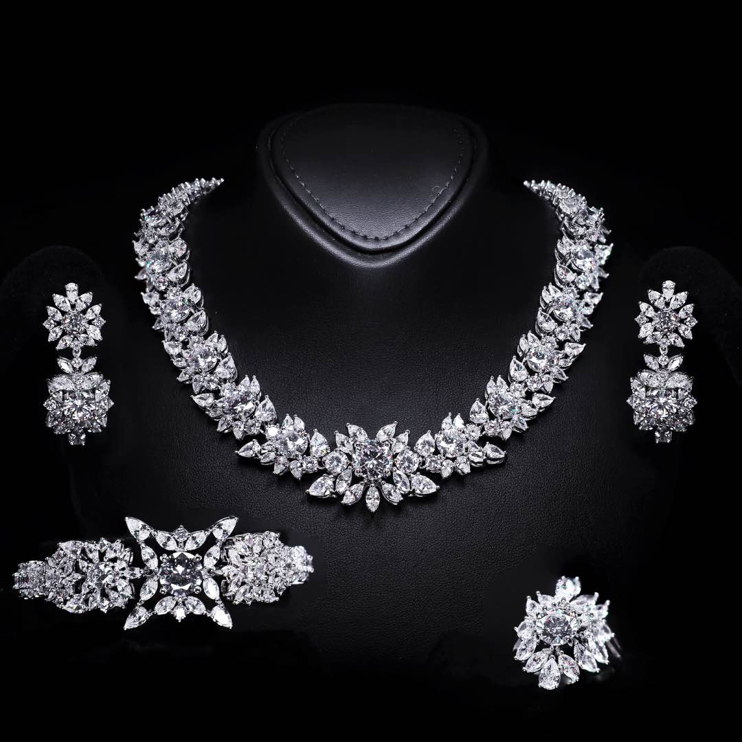 Omnia Nareen White Luxury Bridal Full Set in High Quality Simulated Diamonds Premium Rhodium Plated