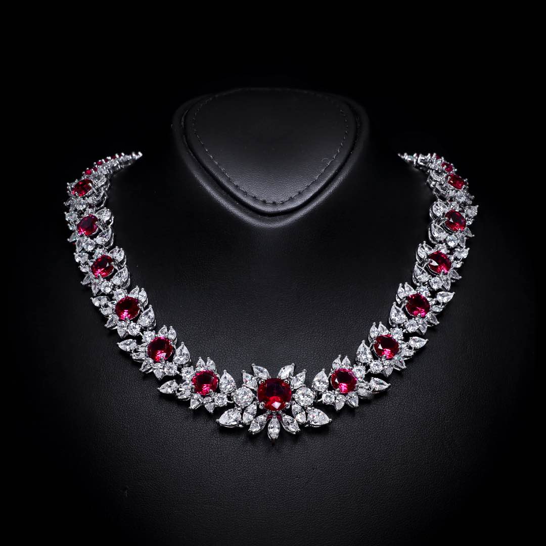 Omnia Nareen Red Bridal Full Set in High Quality Simulated Diamonds Premium Rhodium Plated
