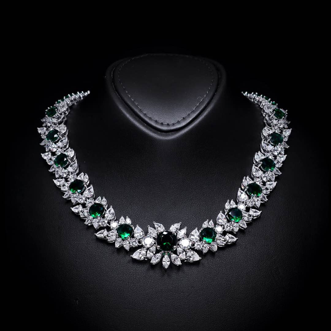 Omnia Nareen Green Bridal Full Set in High Quality Simulated Diamonds Premium Rhodium Plated
