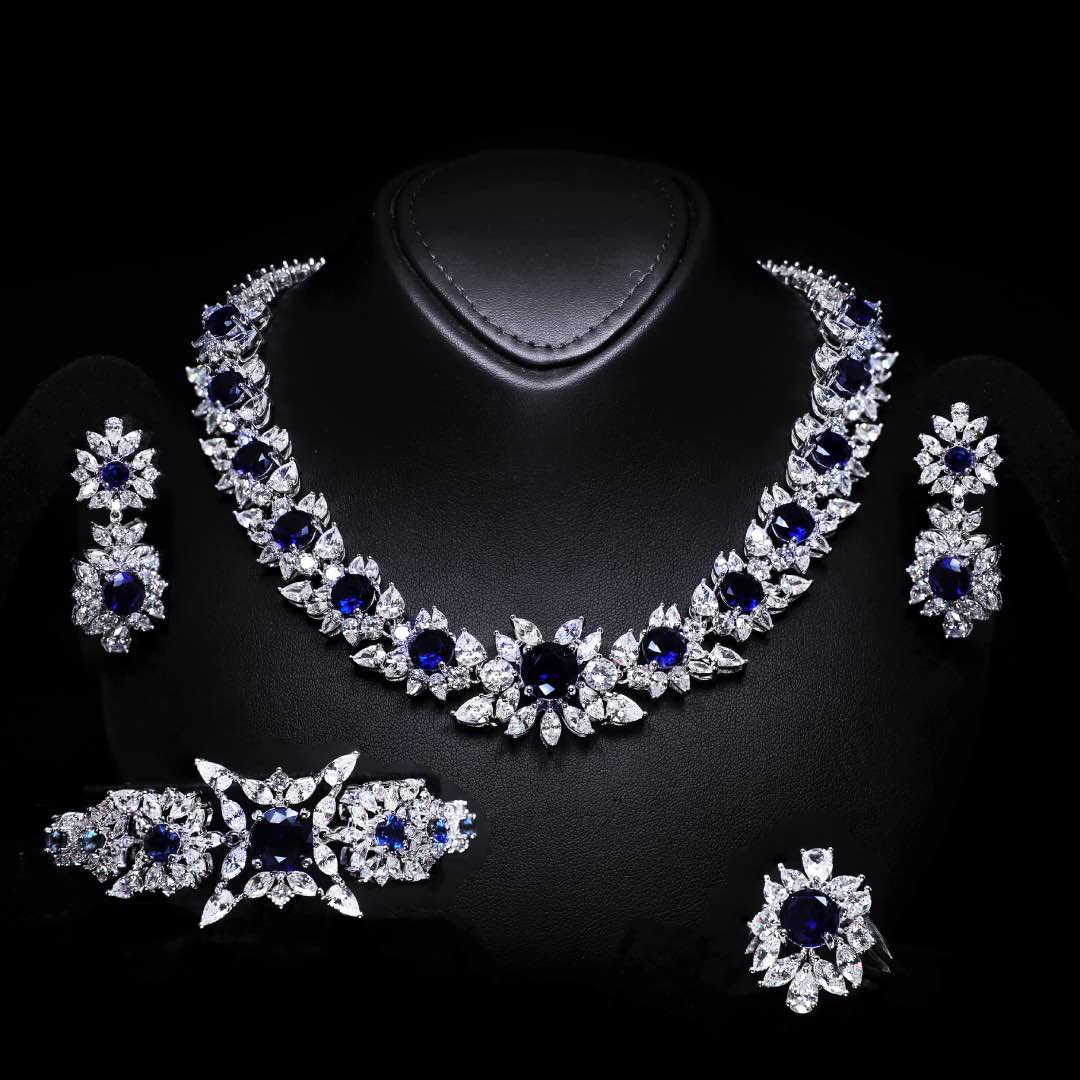 Omnia Nareen Blue Luxury Bridal Full Set in High Quality Simulated Diamonds Premium Rhodium Plated