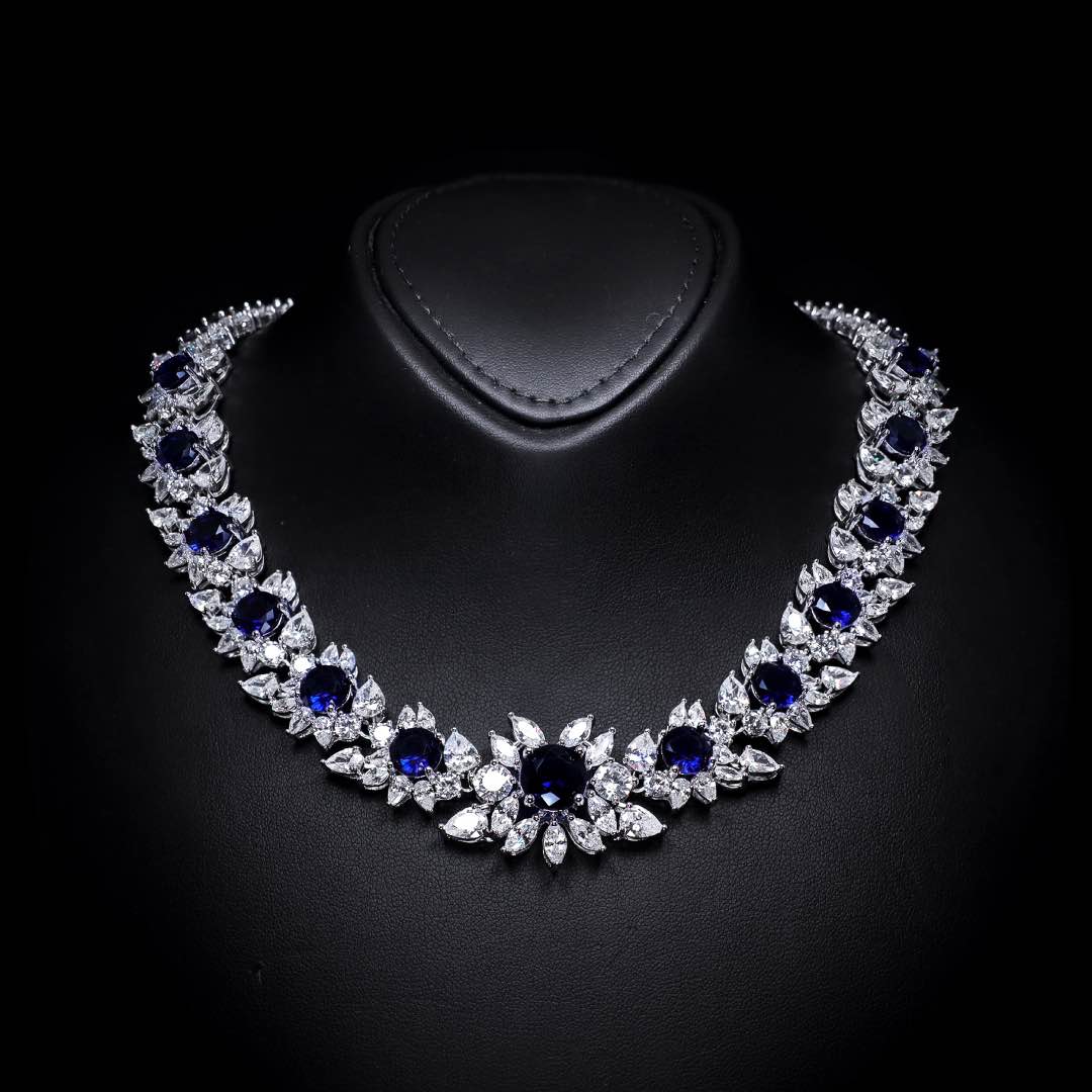 Omnia Nareen Blue Luxury Bridal Full Set in High Quality Simulated Diamonds Premium Rhodium Plated