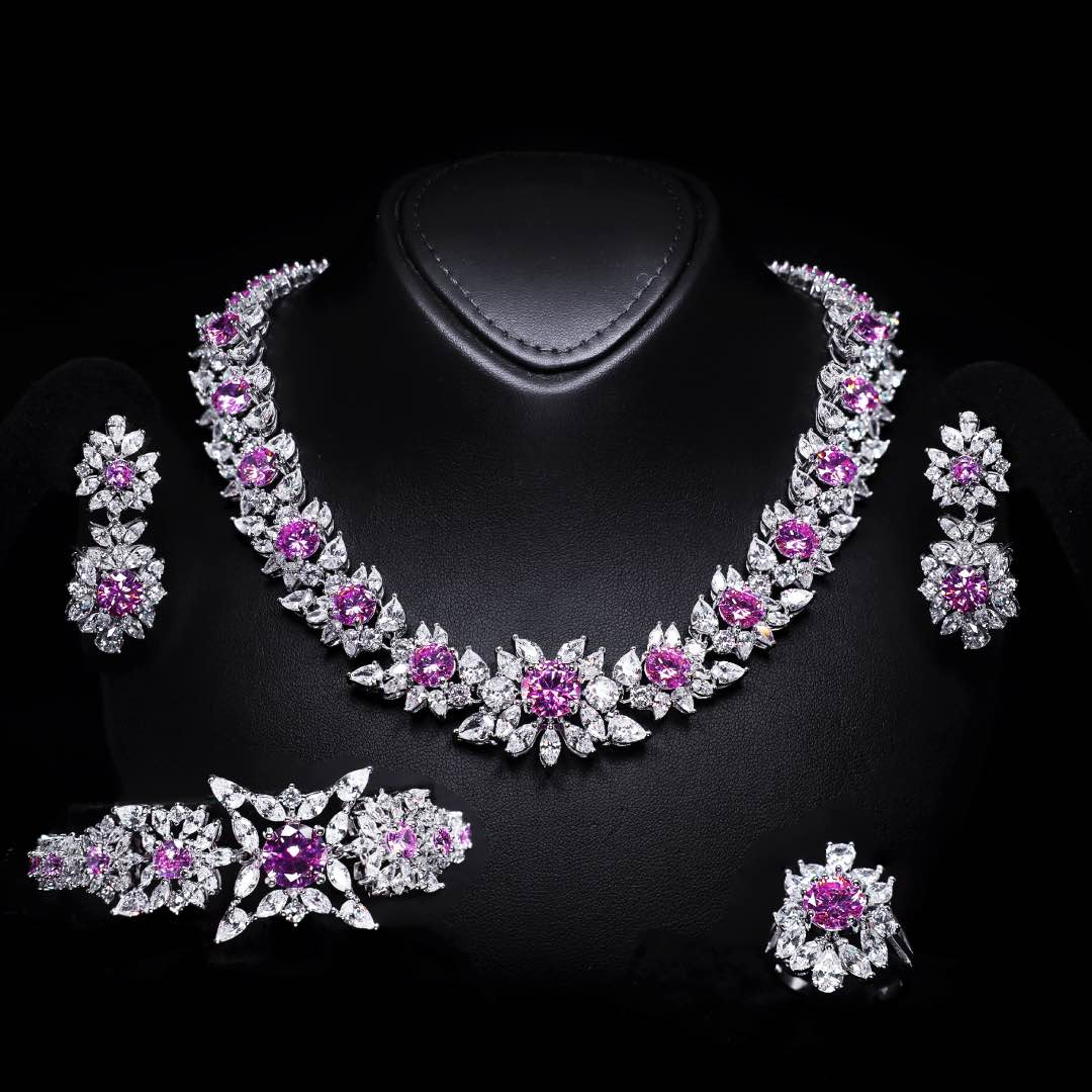 Omnia Nareen Pink Bridal Full Set in High Quality Simulated Diamonds Premium Rhodium Plated