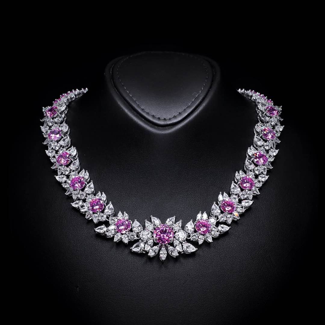 Omnia Nareen Pink Bridal Full Set in High Quality Simulated Diamonds Premium Rhodium Plated