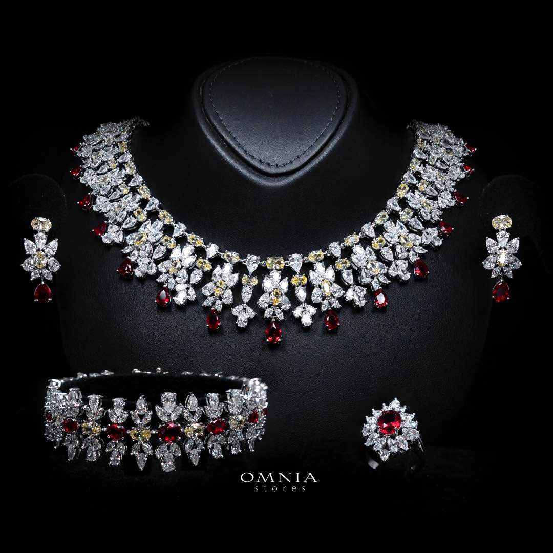 Omnia Dema Red and Yellow Bridal Full Set in High Quality Zircon Stone Rhodium Plated - OMNIASTORES KSA