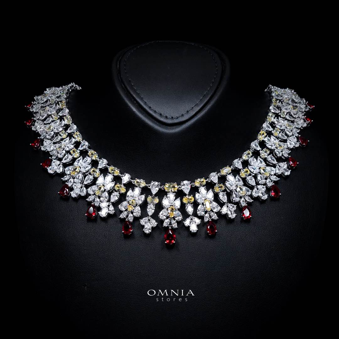 Omnia Dema Red and Yellow Bridal Full Set in High Quality Zircon Stone Rhodium Plated - OMNIASTORES KSA