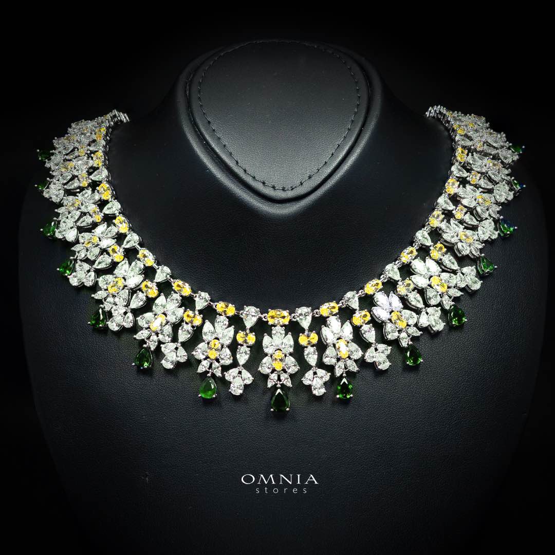 Omnia Dema Emerald Green and Yellow Bridal Full Set in High Quality Zircon Stone Rhodium Plated - OMNIASTORES KSA