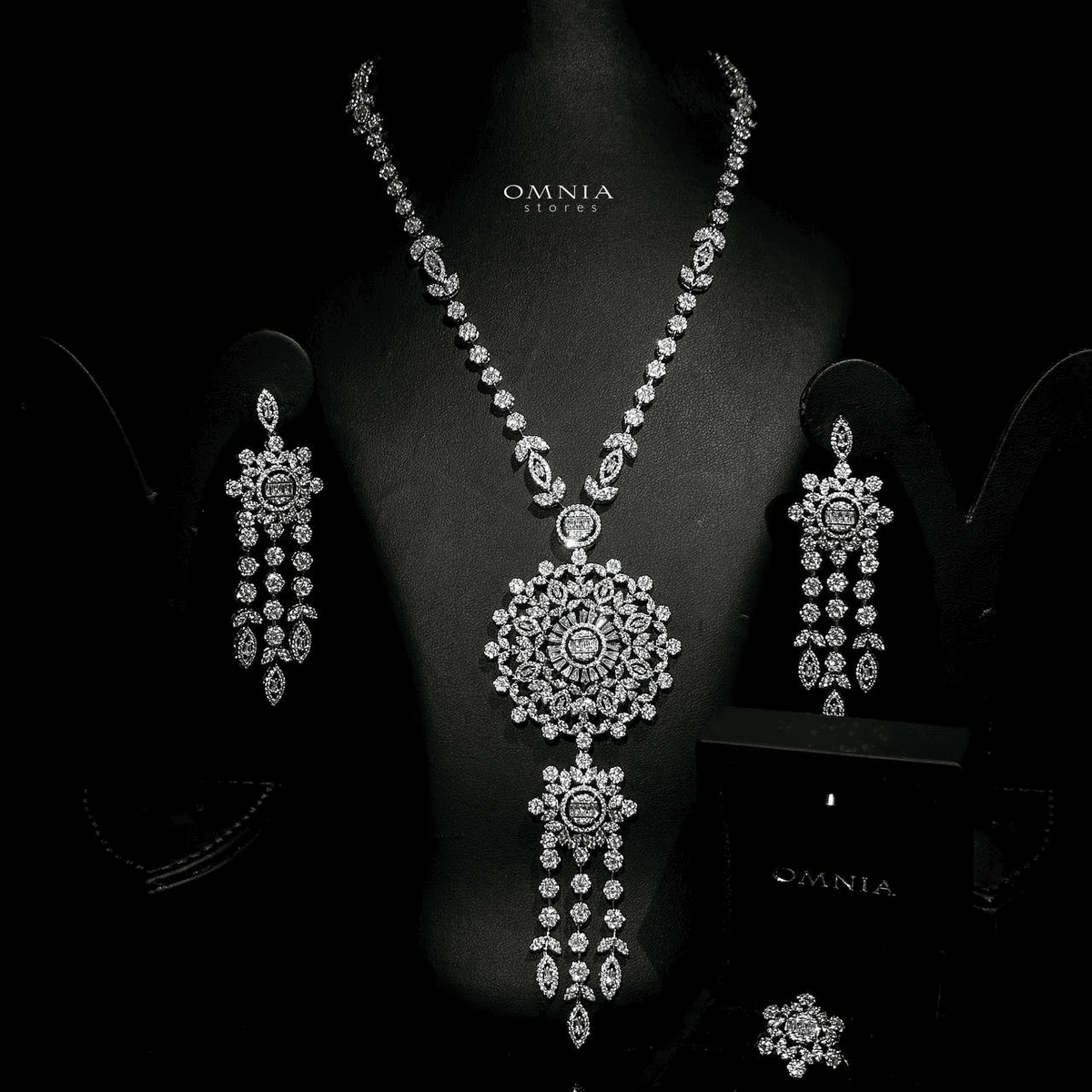 Omnia Mansour Long chain Set Accessories High Quality Zircon Stone In Rhodium Plated - OMNIASTORES UAE